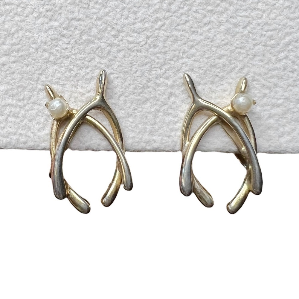 Vintage Gold Tone Double Wishbone Faux Pearl Screw Back Earrings